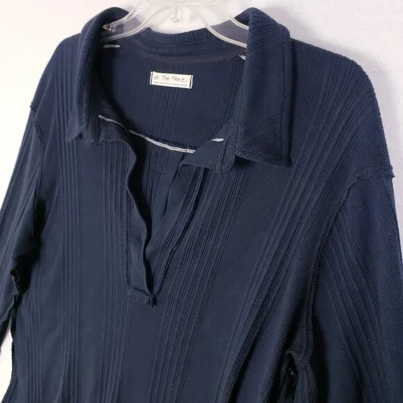 We The Free FP Annie Ribbed Collared Top Pullover Preppy Oversized size S Navy - Picture 4 of 12